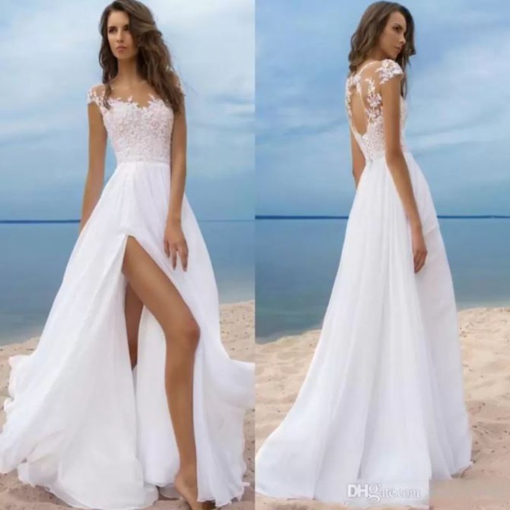 Chic Beach Boho Wedding Dress Short Sleeves Chiffon Long Bridal Gown High Side S